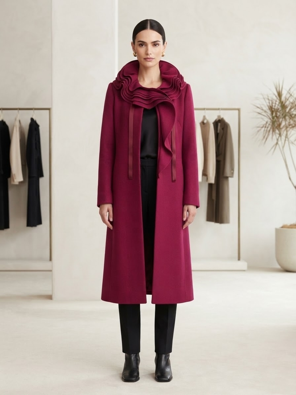 Womens Berry Ruffled Collar 100% Wool Trench Coat Size Small